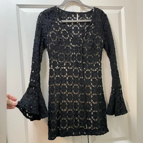free people black dress long sleeve Free People Onda Drop-Waist Long-Sleeve Mini in Black